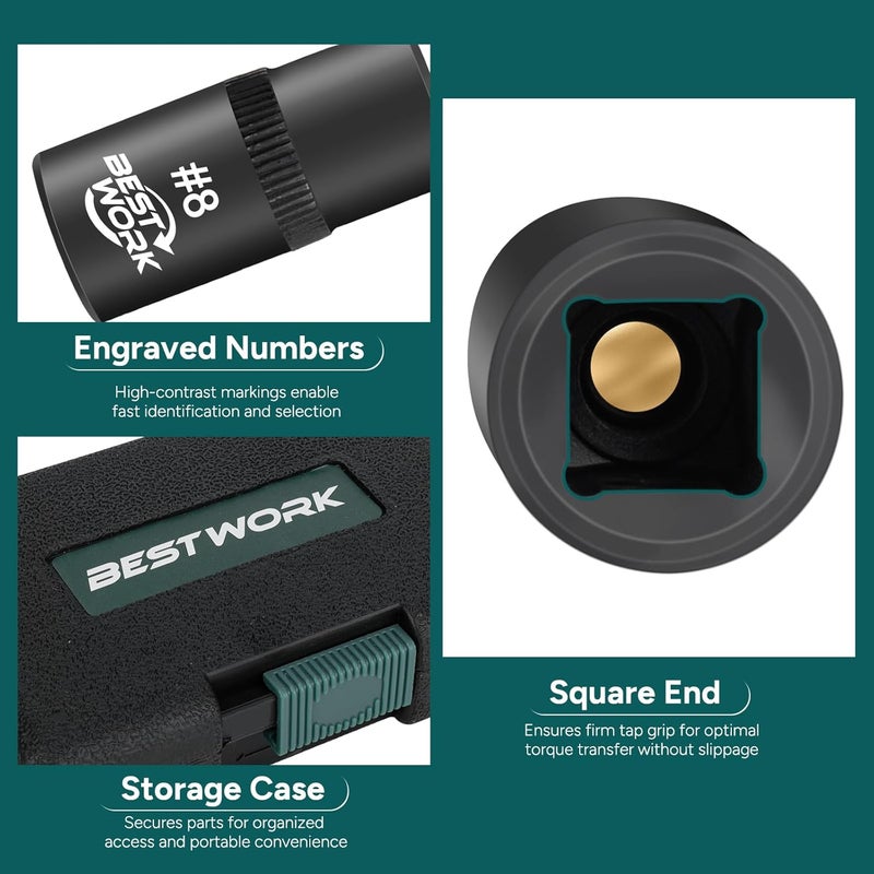 Bestwork 12pcs Magnetic Tap Socket Set, 1/4", 3/8" Square Drive Tap Handle Tool - Image 5